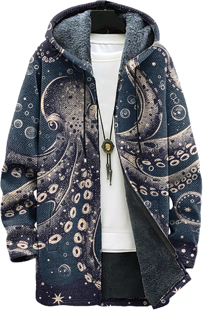 MARSVOVO Long Hooded Cardigan Men Japanese Art Style Fashion Cool Graphic Streetwear Winter Warm Lined Fleece Jacket