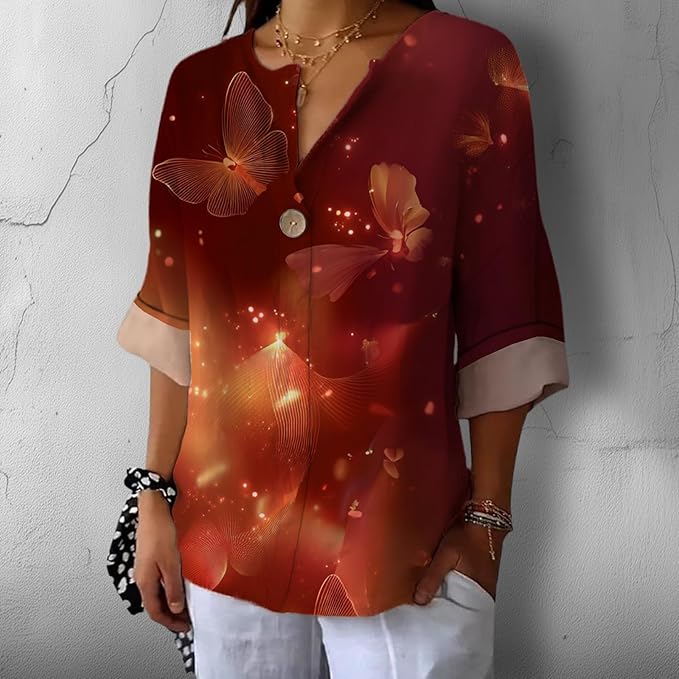 Fashion Shirts for Women Loose Fit Button Down V Neck Blouse 3/4 Sleeves Casual Tunic Tops Summer Outfits