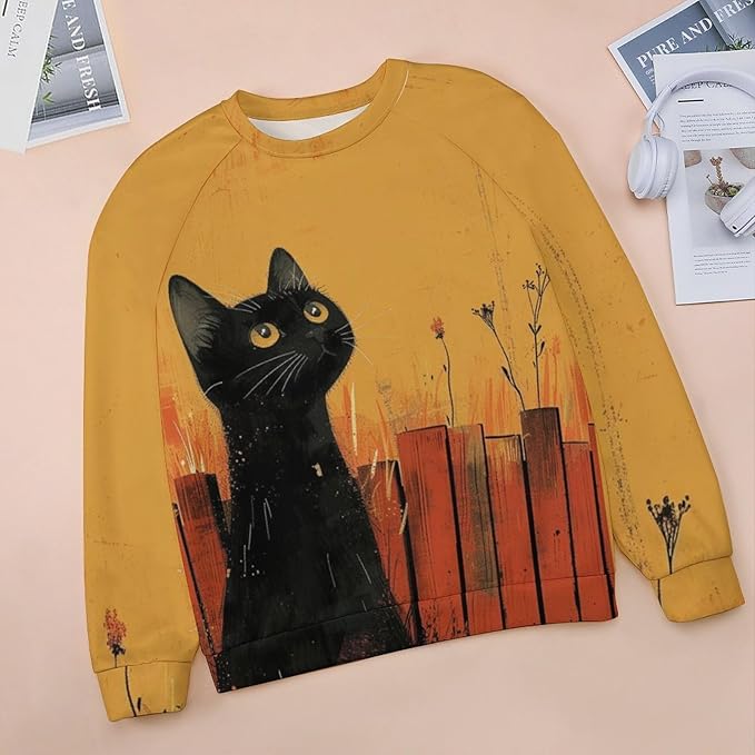 Long Sleeve Shirts for Women Cat Printed Fall Winter Dressy Holiday Casual Fashion Crewneck Tunic Tee Shirts