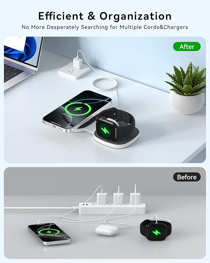 Flodable 2 in 1 Mag-Safe Wireless Charger for iPhone 16 15 14 13 12 Series,Apple Watch Series/Ultra/SE,Airpods/Pro,Portable Magsafe charger 3 in 1 Wireless Charging Station (Black with 20W PD Charger)