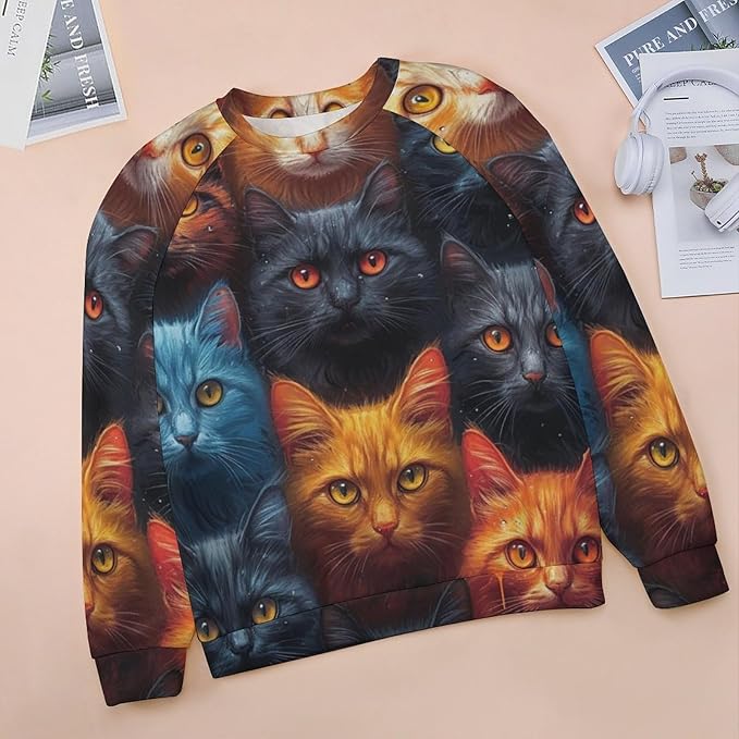 Long Sleeve Shirt Women Fall Cat Print Funny Hide Belly Vacation Plus Size Ladies Hippie Dressy Sweaters