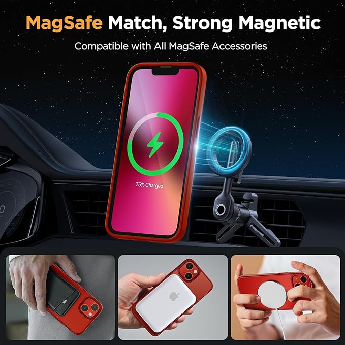 Miracase Magnetic for iPhone 13 Case 6.1 inch (Compatible with MagSafe)（with 2X Screen Protectors） Military-Grade Protection, Anti-Fingerprint Translucent Matte Phone Case Cover, Red