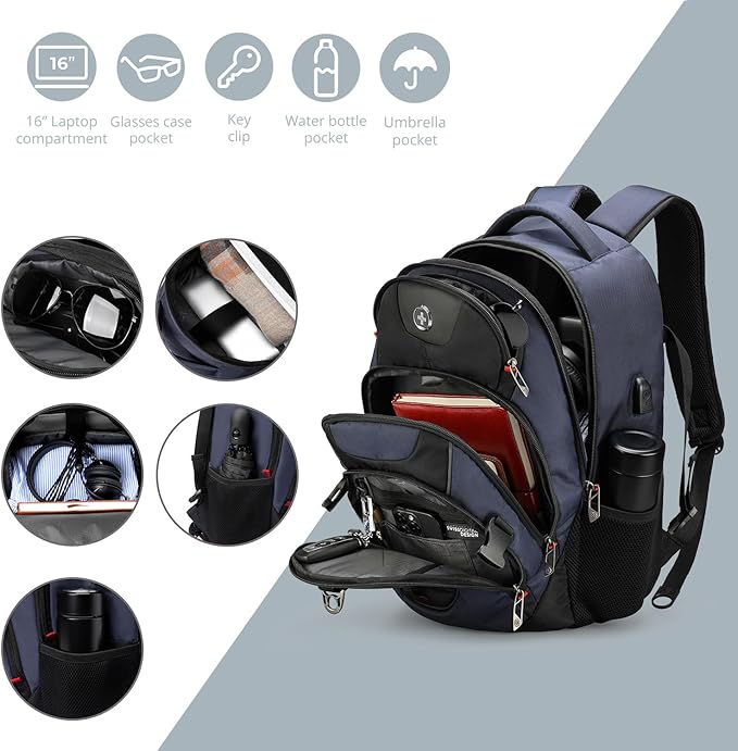Swissdigital Design Laptop Backpack, Travel Backpack with USB Charging Port Fits 15.6 inches Computer, 31L College School Bookbag for Men, Blue/Black | SD803-12