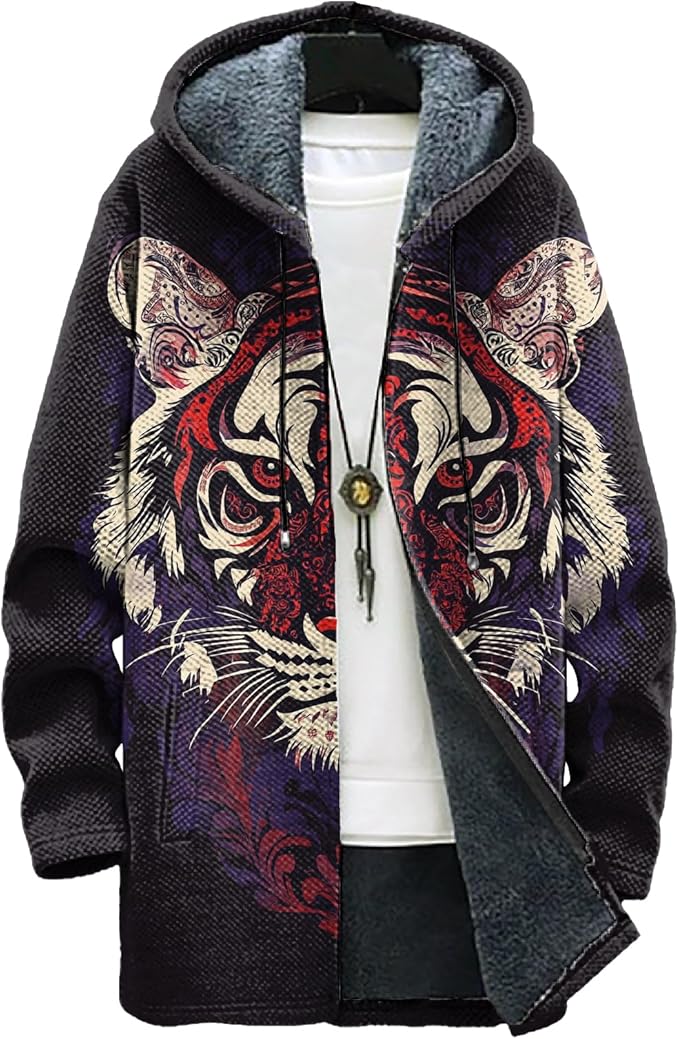 MARSVOVO Long Hooded Cardigan Men Japanese Art Style Fashion Cool Graphic Streetwear Winter Warm Lined Fleece Jacket