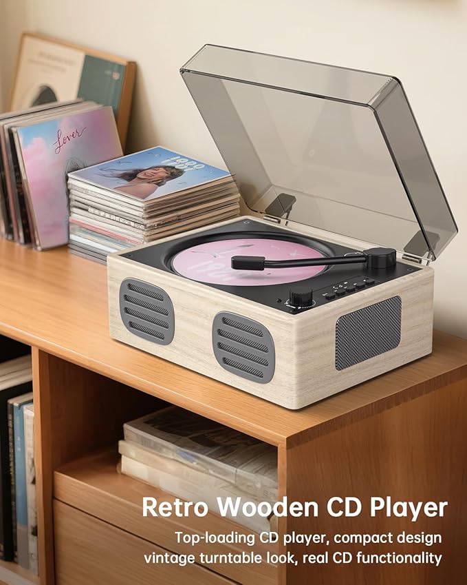 Portable Retro CD Player with Bluetooth Transmitter and Dual HiFi Speakers, LED Screen, Desktop Vintage Nostalgic Rechargeable CD Music Player for Home, Grey Wooden