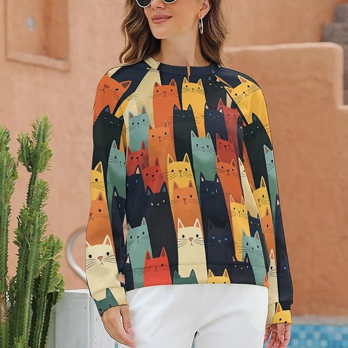 Fall Sweaters for Women 2024 Cat Print Long Sleeve Casual Crewneck Warm Fall Pullover Comfy Fashion Sweatshirts