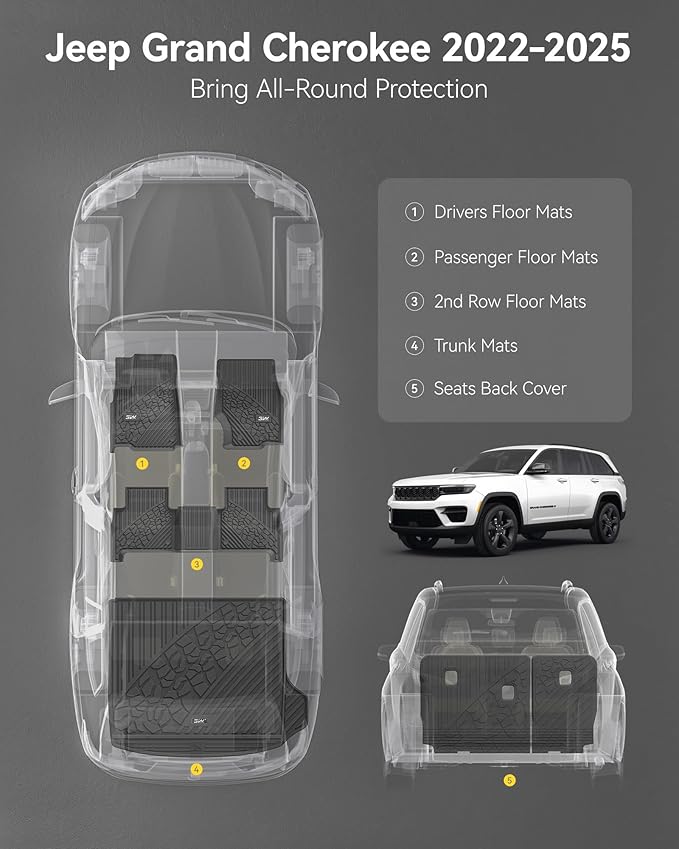 3W Floor Mats & Cargo Liner & Seatback Mats Fit for 2022-2025 Jeep Grand Cherokee WL/4xe 5-Seat Only, (NOT for WK2 or L), TPE All Weather Heavy Duty Car Accessories