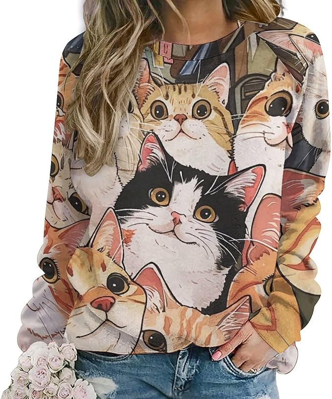 Fall Sweaters for Women 2024 Cat Print Long Sleeve Casual Crewneck Warm Fall Pullover Comfy Fashion Sweatshirts
