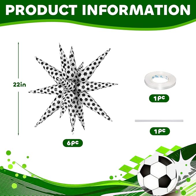 6PCS Soccer Star Balloons, 22 Inch Large Black and White Star Foil Balloons for Football Themed Birthday Wedding Sport Party Backdrops Decorations