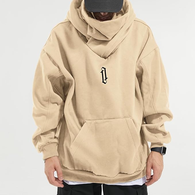 Fleece Hoodies for Men Cowl Neck Sweatshirts Hood with neck Gaiter Casual Pullover Fall Winter with Embroidery