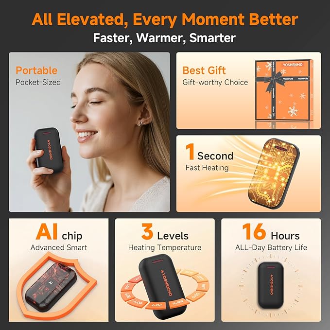Hand Warmers Rechargeable, Electric Hand Warmer Reusable, AI Smart Chips 20Hrs Long Safe Heat,Gifts for Christmas Outdoor/Indoor/Golf/Camping/Hunting/Pain Relief(2 Packs)