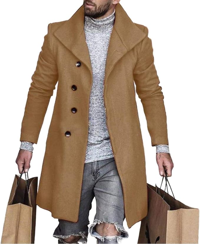 Men's Plaid Long Trench Coat Mid - Length Lapel Collar Button Down Warm Overcoat for Winter & Autumn Fashion