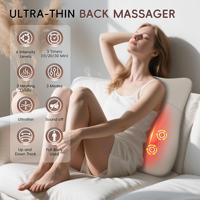 Back Massager, Rolling Up and Down Back Massager with Heat, Back Massage 4D Kneading for Pain Relief Deep Tissue, Ultrathin Shoulder Massager Gift for Women Men Parents Christmas, Khaki