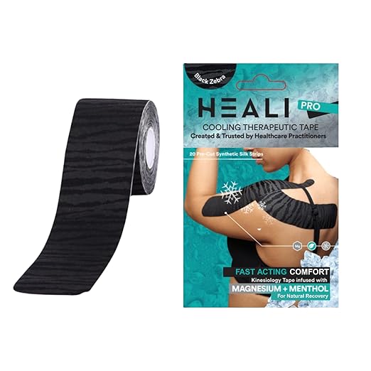 Heali Kinesiology Tape with Magnesium and Menthol, 20 Pcs Precut Strips, K Tape Roll, Knees, Physical Therapy Sports Tape for Knees, Joints & Muscles, Water Resistant, Black Zebra