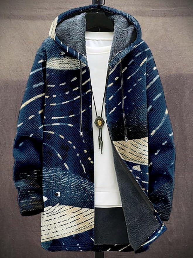 2025 Men's Ethnic Pattern Hooded Jacket Long Cardigan Hoodies Full Zip Vintage Knitted Zipper Coat with Pocket