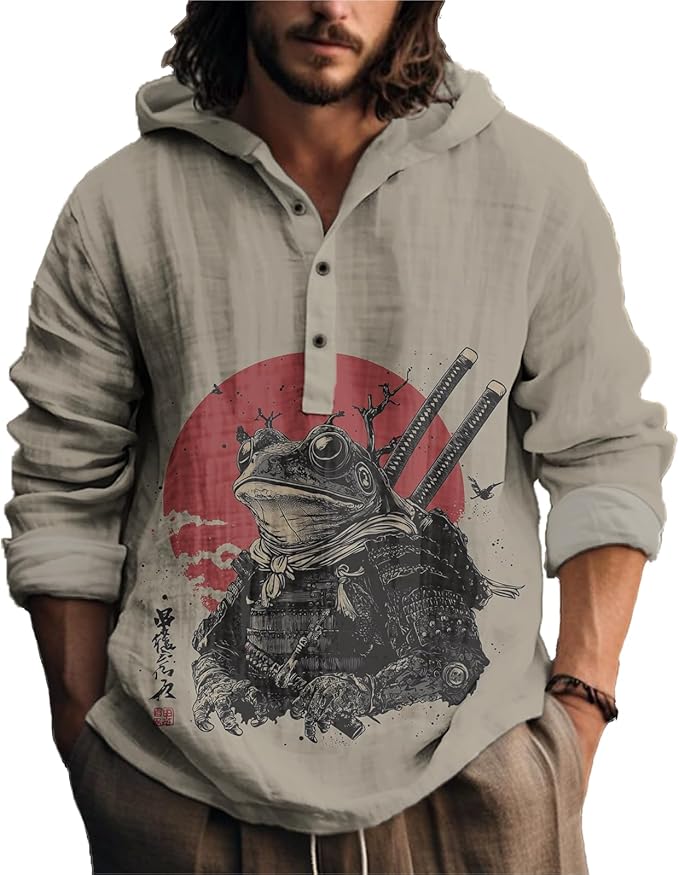 MARSVOVO Mens Japanese Art Long Sleeve Hooded Shirts Lightweight Quarter Button Hoodie Casual Cool Tops for Spring Fall