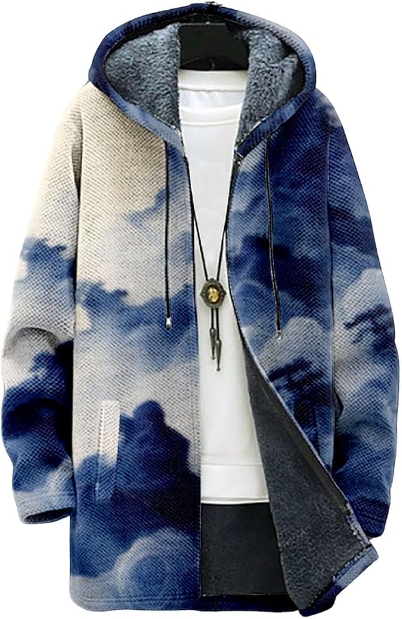 2025 Men's Ethnic Pattern Hooded Jacket Long Cardigan Hoodies Full Zip Vintage Knitted Zipper Coat with Pocket