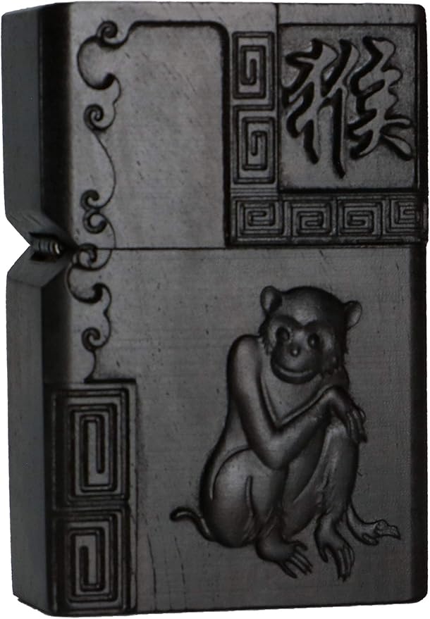 Natural Ebony Black Wood Carved Lighter Shell Box For Zippo Module (Zodiac Monkey)