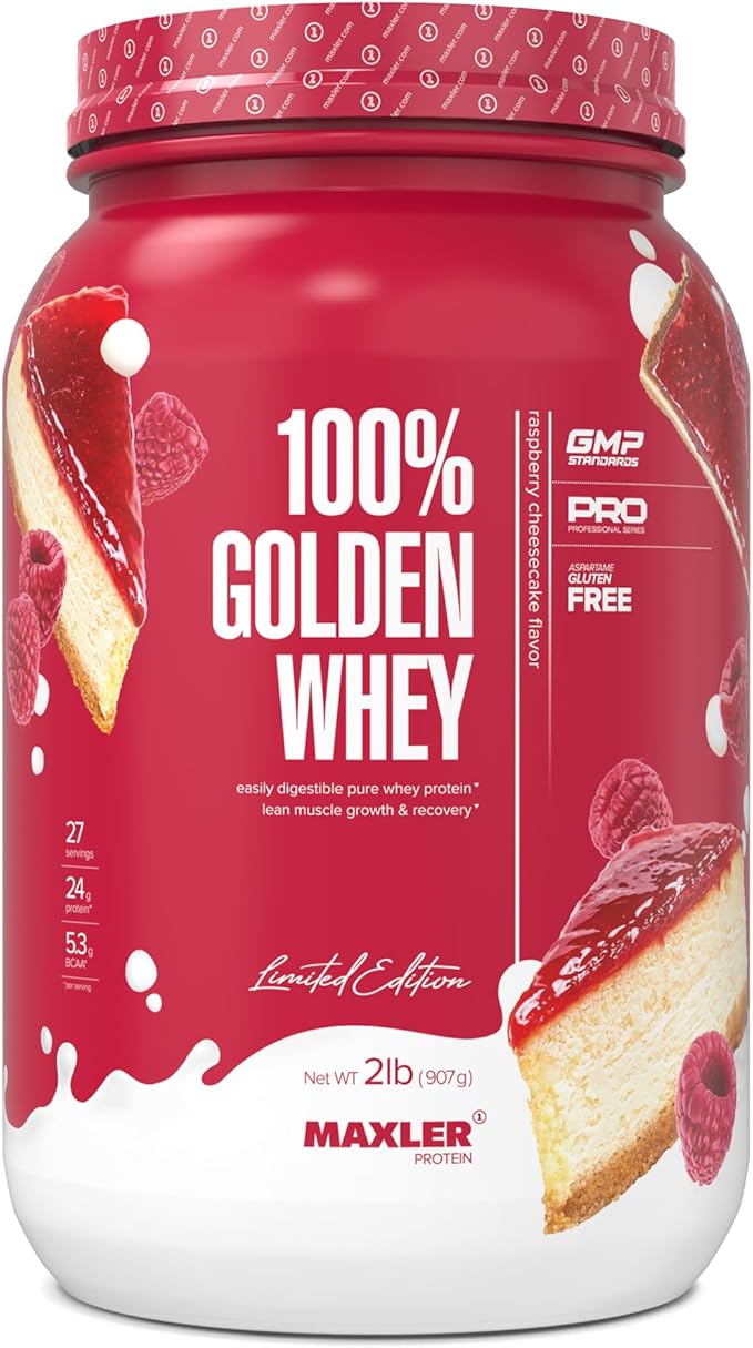 Maxler 100% Golden Whey Protein - 24g of Protein per Serving - Whey Protein Powder for Pre Post Workout - Fast-Absorbing Whey Concentrate, Isolate & Hydrolysate Blend - Raspberry Cheesecake 2 lb