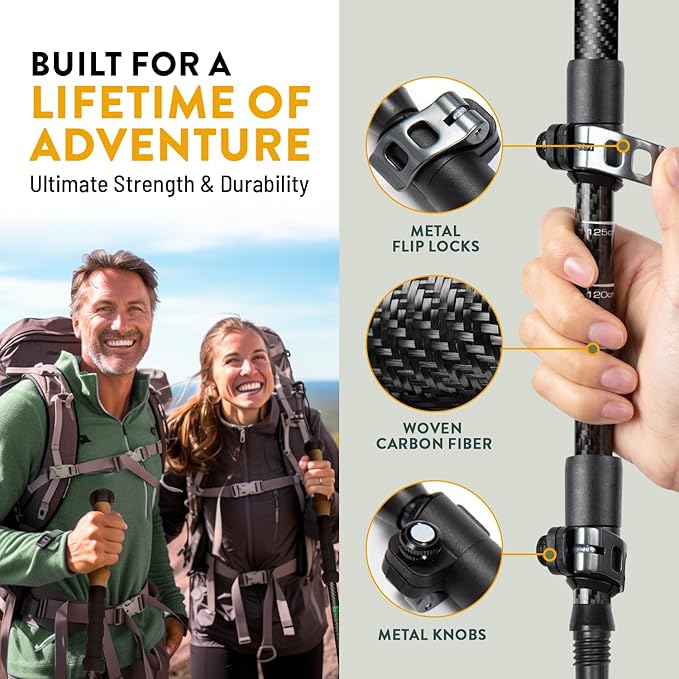 100% Carbon Fiber Trekking Poles by USA Brand - Ultra Strong Lightweight Collapsible Hiking Poles with Cork and EVA Foam Grips & Quick Adjustable Flip Locks