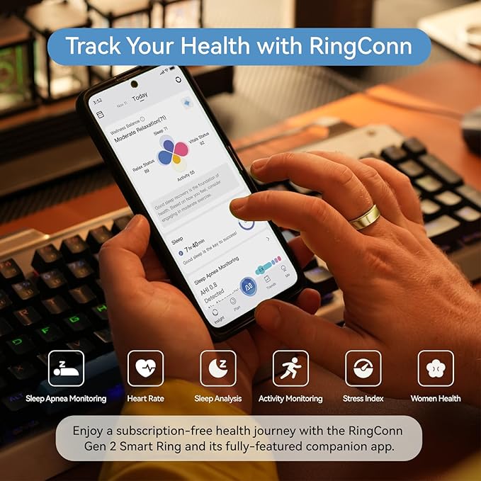 RingConn Gen 2, World’s First Smart Ring with Sleep Apnea Monitoring, No APP Subscription, 12-Day Battery Life, Stress/Heart Rate/Women's Health Tracker, Android & iOS Compatible (Gold, Size 13)