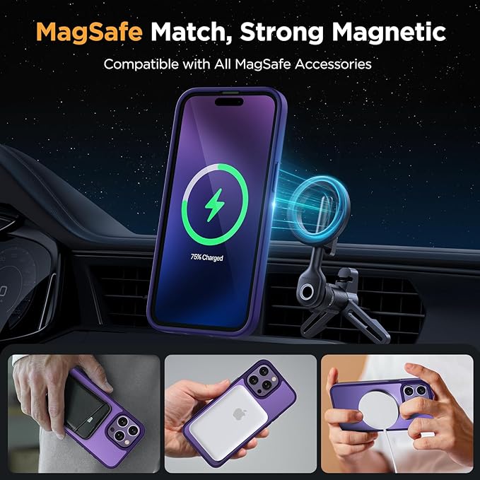 Miracase Magnetic for iPhone 15 Pro Case 6.1 inch (Compatible with MagSafe)（with 2X Screen Protectors） Military-Grade Protection, Anti-Fingerprint Translucent Matte Phone Cover, Dark Purple