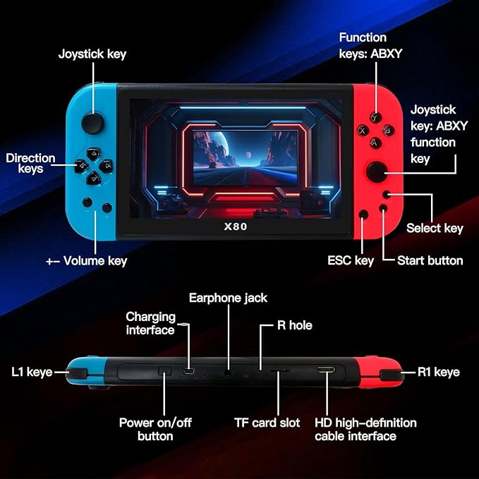 7-Inch X80 Video Game Console Handheld Portable, Built-in 20000 Games, 16GB Memory, Game Console with Joystick Classic Retro Game Player