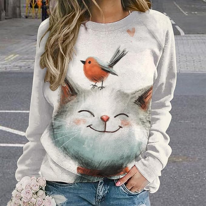 Long Sleeve Shirts for Women Cat Printed Fall Winter Dressy Holiday Casual Fashion Crewneck Tunic Tee Shirts