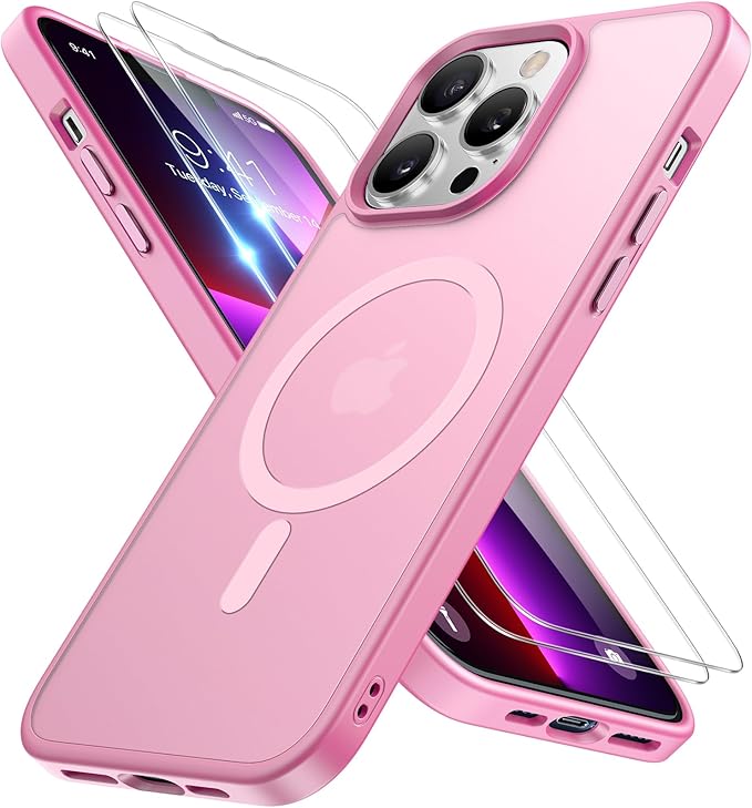 Miracase Magnetic for iPhone 13 Pro Max Case 6.7 inch (Compatible with MagSafe)（with 2X Screen Protectors） Military-Grade Protection, Anti-Fingerprint Translucent Matte Phone Case Cover, Mes Pink