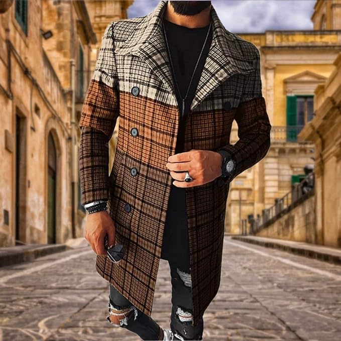 Men's Plaid Long Trench Coat Mid - Length Lapel Collar Button Down Warm Overcoat for Winter & Autumn Fashion