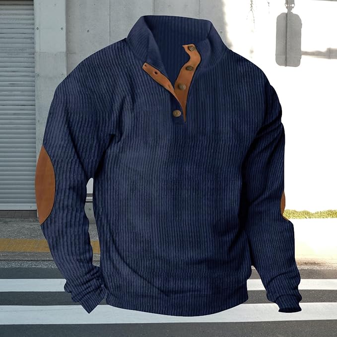 Men's Casual Corduroy Sweatshirt Long Sleeve Elbow Patches Pullover Fashion Stand Collar Quarter Button Sweatshirts