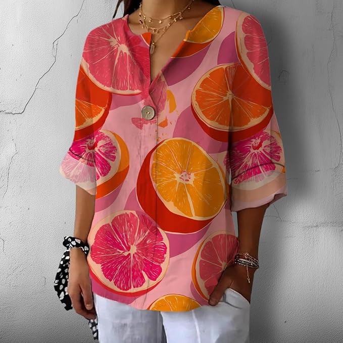 Fashion Shirts for Women Loose Fit Button Down V Neck Blouse 3/4 Sleeves Casual Tunic Tops Summer Outfits