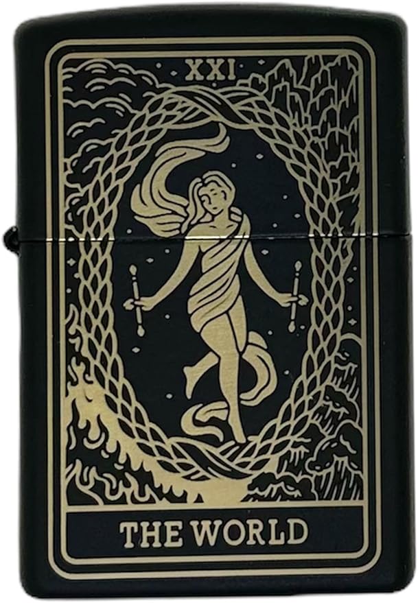 23 Custom Tarot Card - Major Arcana Card Laser Engraved Zippo Black Matt Windproof Lighter (The World)