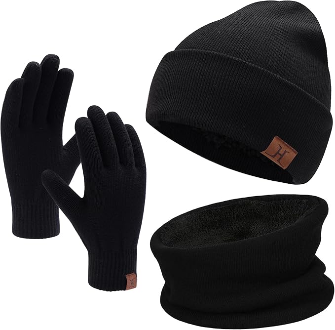 Winter Beanie Hat Scarf Touchscreen Gloves Set for Men and Women, Beanie Gloves Neck Warmer Set with Warm Knit Fleece Lined