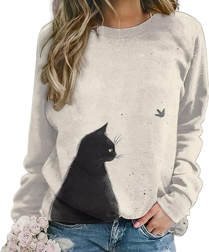 Long Sleeve Shirts for Women Cat Printed Fall Winter Dressy Holiday Casual Fashion Crewneck Tunic Tee Shirts
