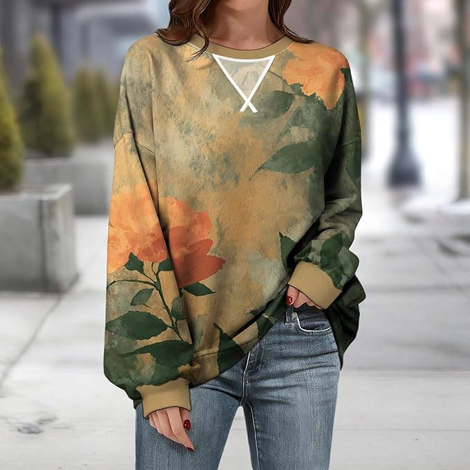 Womens Sweatshirts Fahsion Floral Print Long Sleeve Comfy Fall Tops Oversized Casual Crewneck Pullover Shirts