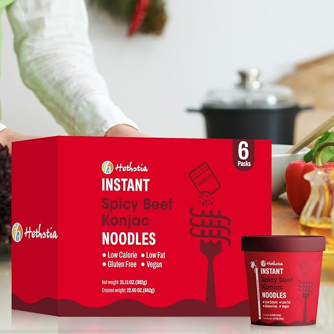 Hethstia Konjac Noodle Spicy Beef Soup, 6-Pack Instant Shirataki Pho Soup Cup, Low-Calorie 34.32 oz Konjac Pho Pasta Spicy Beef Broth, Sugar-Free, Low-Carb, Gluten-Free, Vegan Healthy Asian Meal