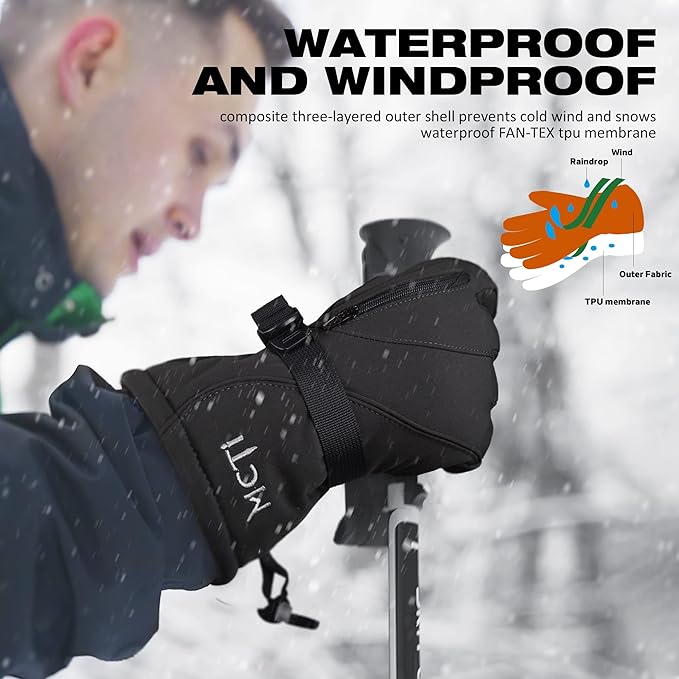 MCTi Waterproof Mens Ski Gloves Winter Warm 3M Thinsulate Snowboard Snowmobile Cold Weather Gloves