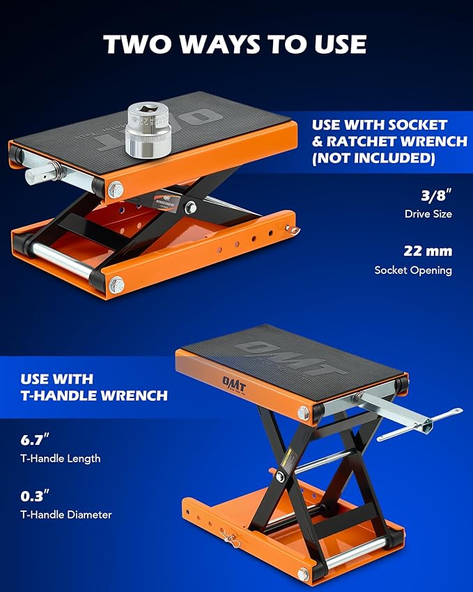 Orion Motor Tech Motorcycle Lift, 1100lb Scissor Lift Jack with Wide Deck T Handle 3/8" Socket, Motorcycle Center Stand with Chain Brush, Crank Hoist Stand for ATV Dirt Bike Cruiser, Orange
