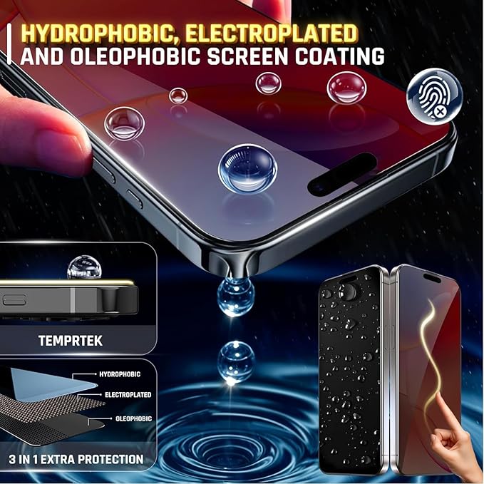 TEMPRTEK+ 2-Pack iPhone 17 Pro Max Screen Protector Fits iPhone 16 Pro Max Screen Protector Privacy - 9H Military Grade Scratch Fingerprint Resistance, Anti-Glare Shatterproof Tempered Glass, Anti-Spy