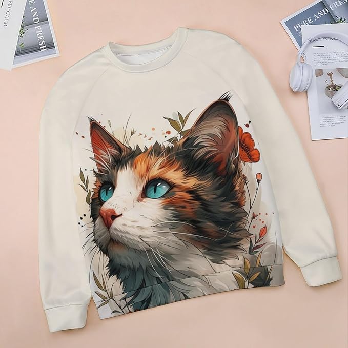 Sweatshirt for Women Cat Print Fashion Funny Plus Size Ladies Dressy Crewneck Casual Trendy Tee Shirts