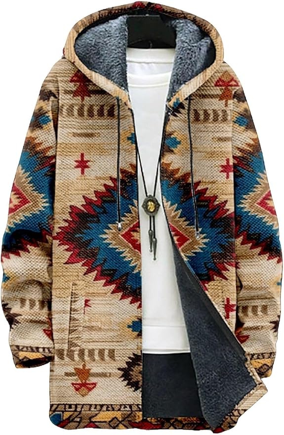 2025 Men's Ethnic Pattern Hooded Jacket Long Cardigan Hoodies Full Zip Vintage Knitted Zipper Coat with Pocket