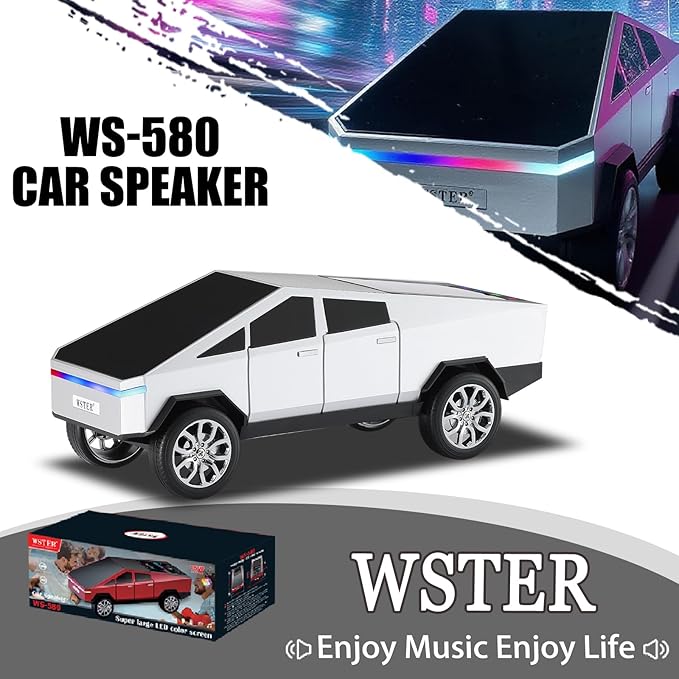 Futuristic Pickup Truck Replica Bluetooth Speaker with LED Display Screen – TWS Stereo, FM, USB/TF Playback, LED Lights, Built-in Mic, Gift for Car Lovers & Tech Fans (Silver)