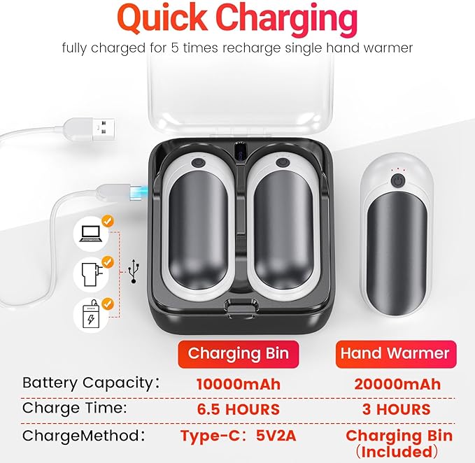 2 Pack Hand Warmers Rechargeable with Charging Case, Electric Portable Hot Hands Hand Warmers, Pocket-Sized Double Sides Heater, Winter/Outdoor/Indoor for Men Women