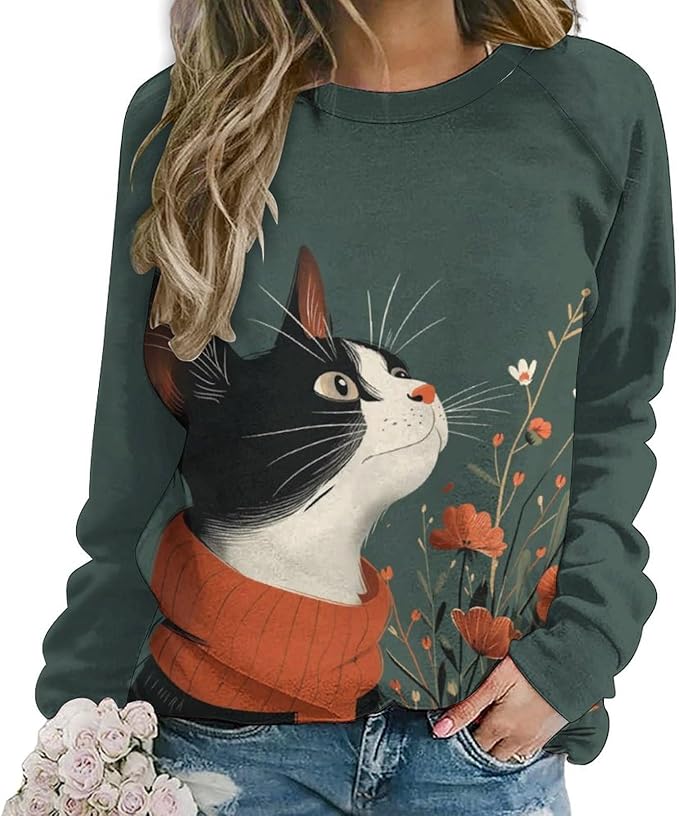 Long Sleeve Shirts for Women Cat Printed Fall Winter Dressy Holiday Casual Fashion Crewneck Tunic Tee Shirts