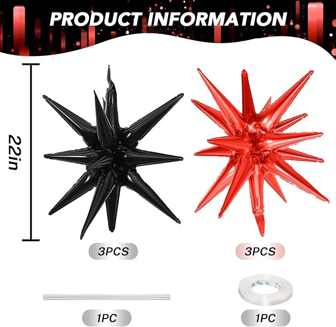 6PCS Black Red Star Balloons, 22Inch Large Star Balloon Explosion Foil Balloons Cone Spike Balloon for Birthday Graduation Festival Film Casino New Year Party Decorations