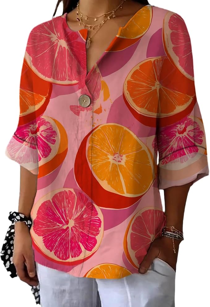 Fashion Shirts for Women Loose Fit Button Down V Neck Blouse 3/4 Sleeves Casual Tunic Tops Summer Outfits