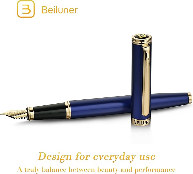 BEILUNER Blue Fountain Pen,Stunning Luxury Pens with 24K Gold Finish, Gorgeous 24K Gilded Nib(Medium), Fancy Pen Gift for Men&Women -Ink Converter-Elegant, Reliable,Nice Pen for Writing