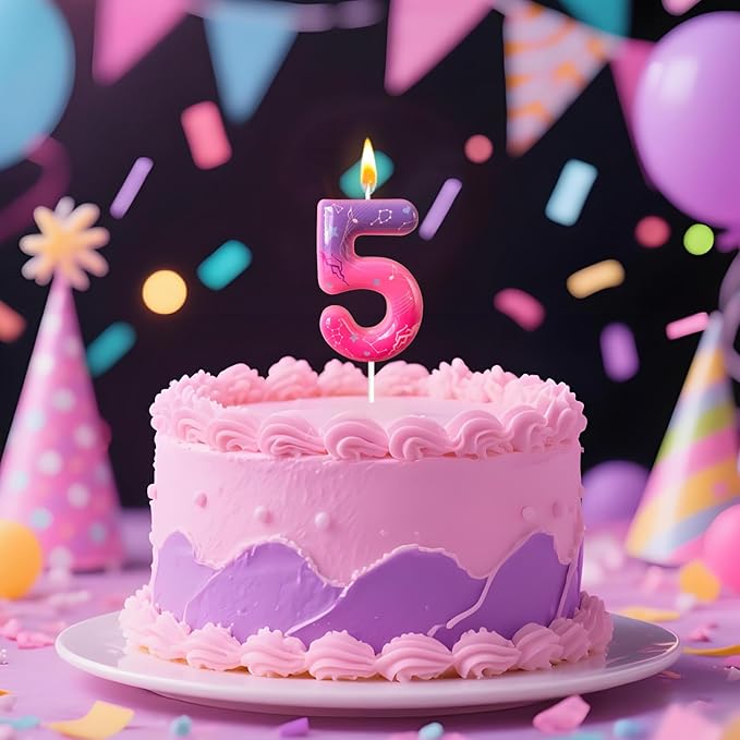 Lurevian K-pop Pink Purple Number Birthday Candle – Trendy Cake Decoration for Themed Parties, Sparkly Gradient Cake Topper for Girls Birthday Party Decoration for Teens（Number 5）