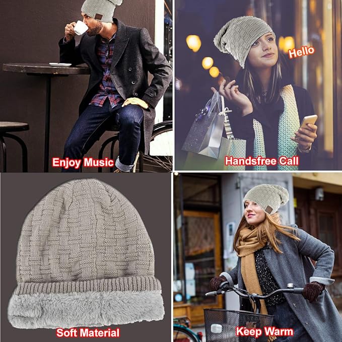 Bluetooth Beanie Women Men Wireless Winter Hats with Headphones Smart Beanie Headset Warm Musical Headphone with Built-in Mic for Skiing Skateboarding Jogging Gift for Men Women Boys Girls Light Grey